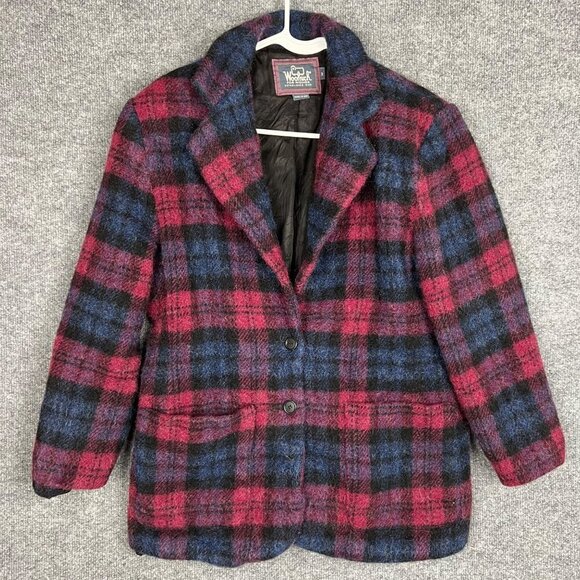 Vintage Woolrich Wool Mohair Jacket‎ Womens M Pink Plaid Check USA MADE - Picture 1 of 9